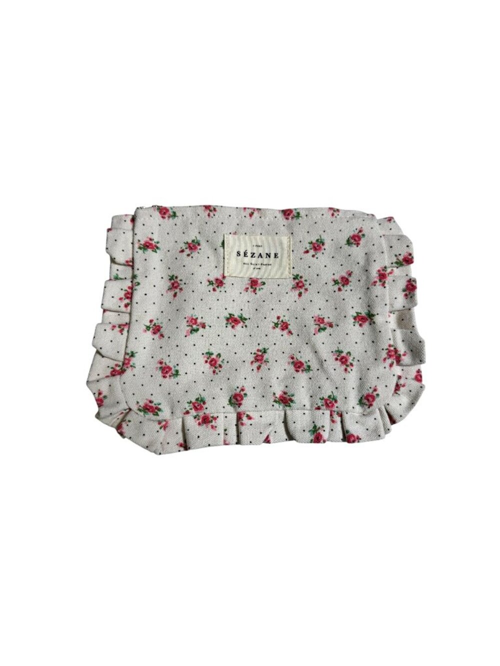 Sézane Floral Ruffled Cotton Canvas Pouch Zipper Closure Cream Pink